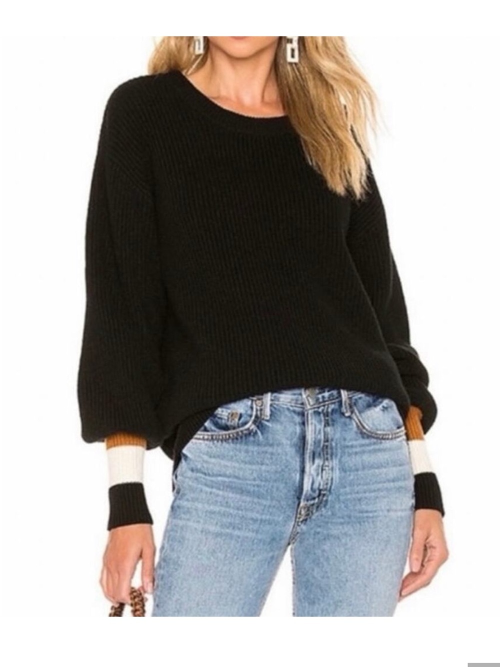 ALC EUC Black Jasper Blouson Sleeve Wool Cashmere Sweater M Caramel